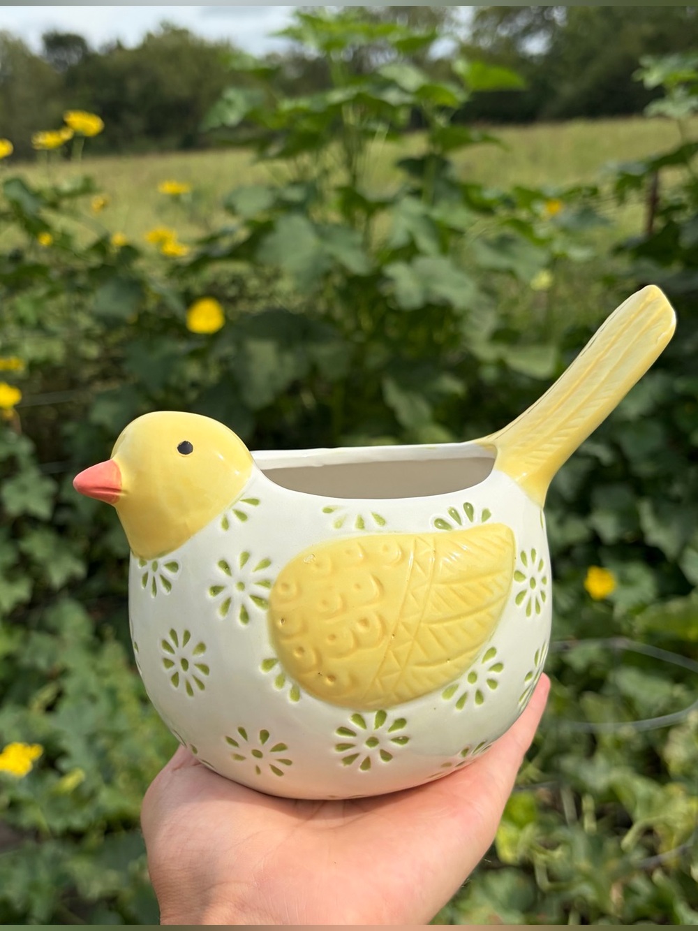 Ceramic Bird Planter Flower Pot Yellow Green Floral Design Pottery 7” Long